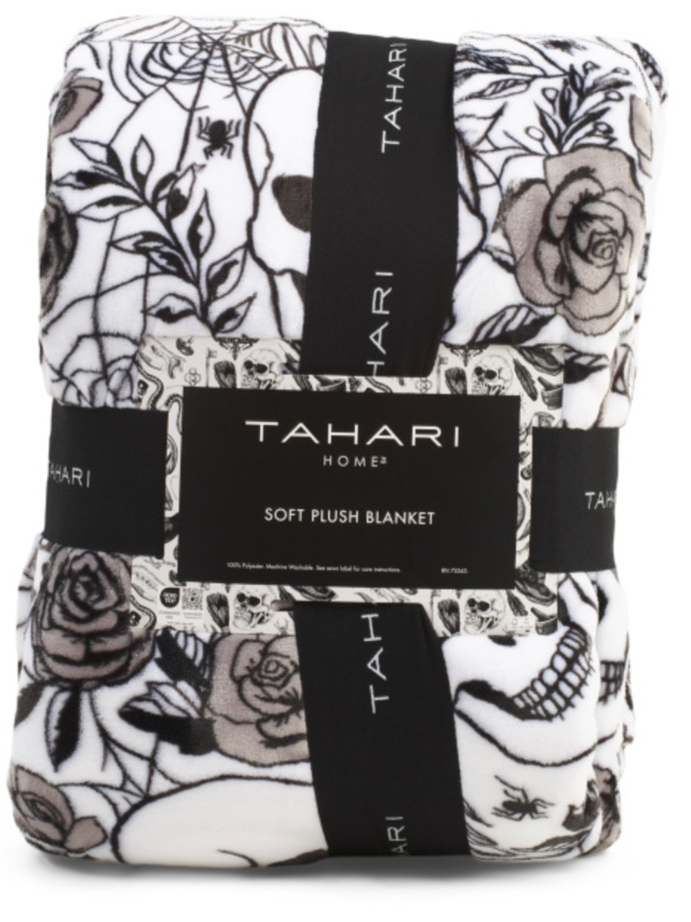 Tahari White, Black & Gray Floral Skull Soft Plush Blanket